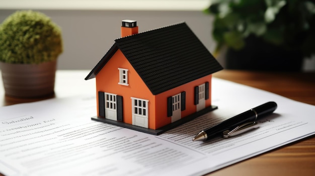 Petite maison modèle sur une table avec des papiers immobiliers