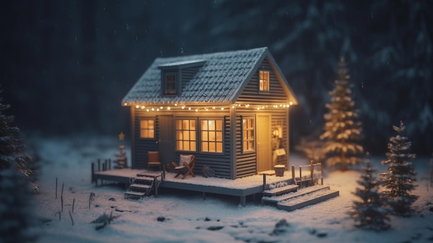 Petite maison moderne dans la grange de la forêt d'hiver confortable générée par Al