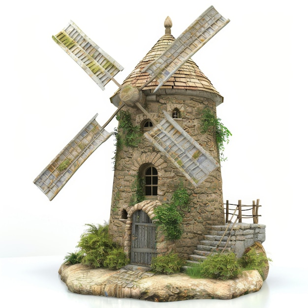 Petite maison avec un moulin à vent au sommet