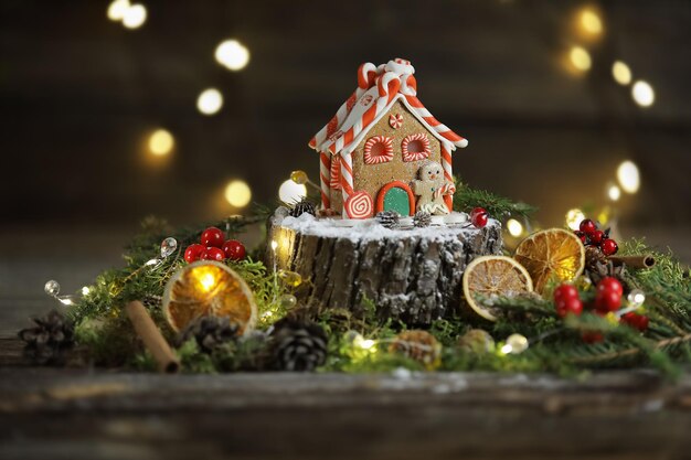 Une petite maison de pain d'épice sur la souche sur le fond en bois avec des lumières, atmosphère de noël