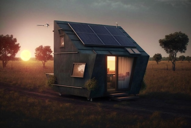 Une petite maison avec un panneau solaire sur le toit