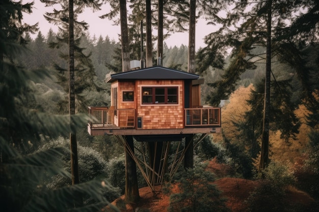 Photo petite maison perchée au sommet d'un arbre imposant avec vue sur la forêt ci-dessous créée avec une ia générative