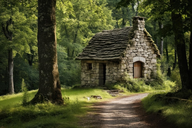 une petite maison en pierre sur une petite clairière au milieu des arbres verts