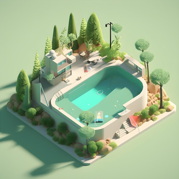 Une petite maison avec une piscine au milieu.