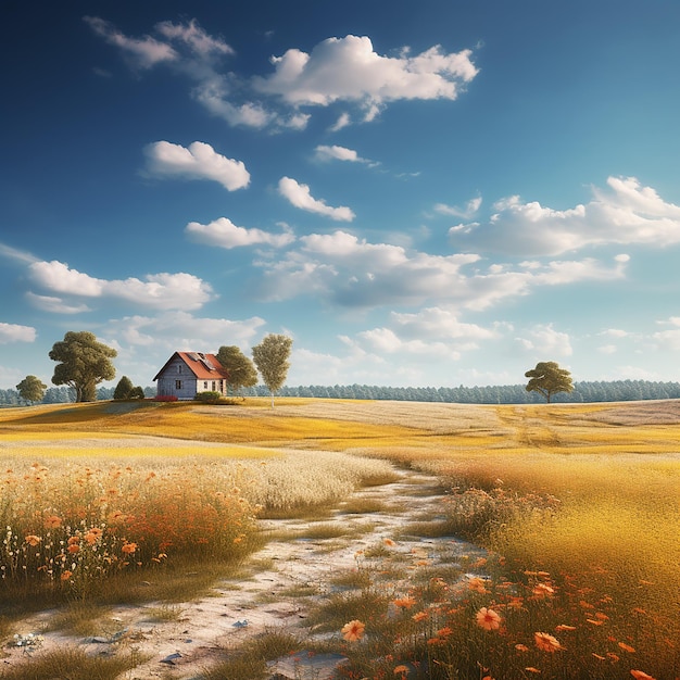 Petite maison rendue en 3D dans une prairie avec un beau environnement rural