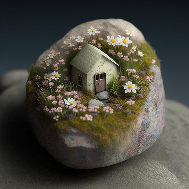 Une petite maison sur un rocher avec des fleurs dessus