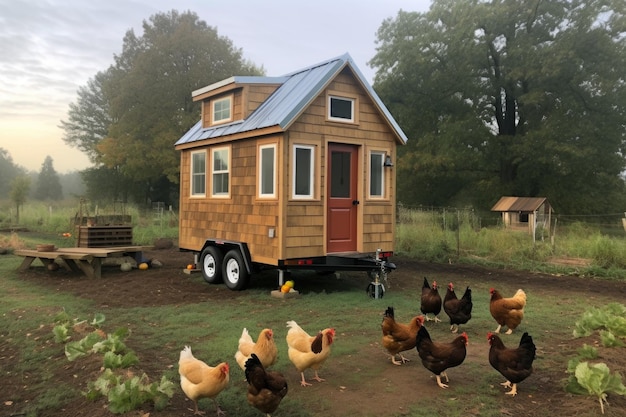 Petite maison sur roues avec jardin et poulets en arrière-plan créé avec générative ai