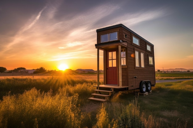 Une petite maison sur roues avec une vue sur le coucher de soleil créée avec l'IA générative