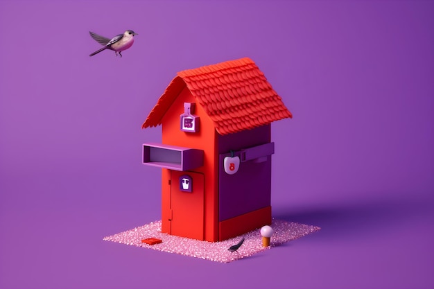 Une petite maison rouge avec un oiseau sur le toit et un petit oiseau Sur le toit.