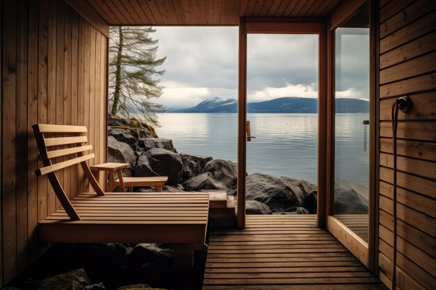 Petite maison de sauna en bois au bord de la côte dans la forêt dans les montagnes