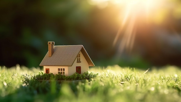 Une petite maison se trouve sur un terrain en herbe avec le soleil qui brille dessus