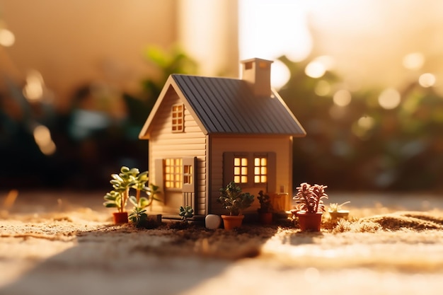 Petite maison sur une surface de sable avec des plantes et une maison en arrière-plan