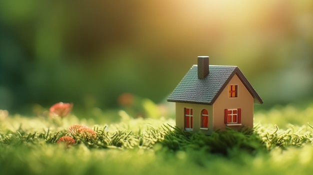 Une petite maison sur un terrain en herbe avec un fond vert