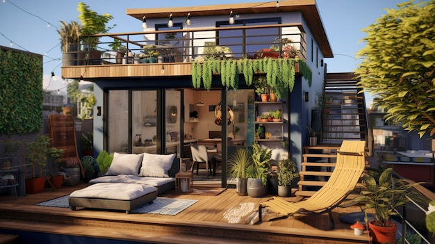 Une petite maison avec une terrasse sur le toit et des sièges à l'extérieur