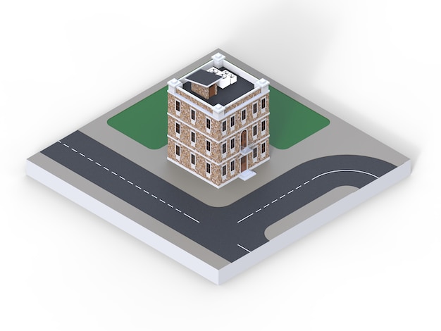 Une petite maison à trois étages et une vue en perspective d'une partie de la zone urbaine avec la route, les trottoirs et les pelouses. rendu 3D.