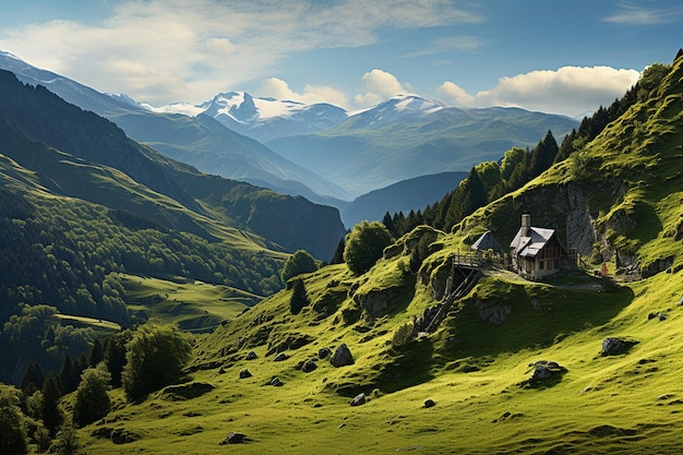 Petite maison sur un versant verdoyant de montagne IA générative