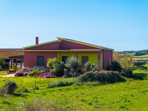 Petite maison violette dans un pré