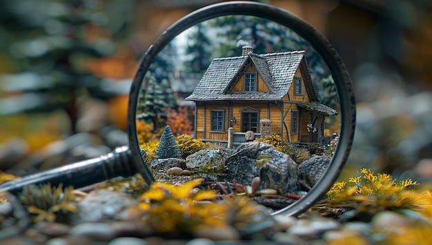 Une petite maison vue à travers une loupe