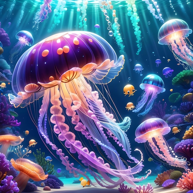 Photo la petite méduse de dessin animé flottait heureuse à travers l'immense océan entourée d'une bulle étincelante.