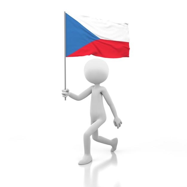 Petite personne marchant avec le drapeau de la République tchèque dans une main. Image de rendu 3D