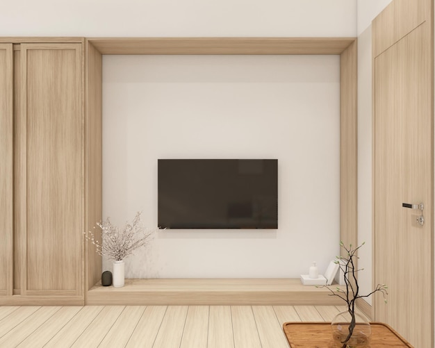 Petite pièce de style japonais moderne décorée avec une étagère TV intégrée et une table basse rendu 3d