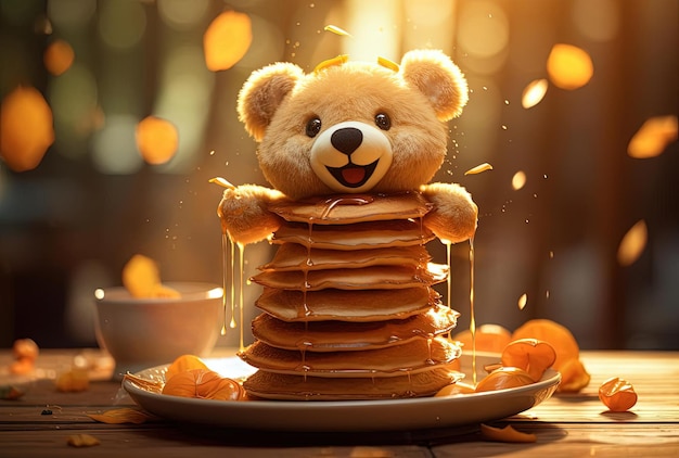 une petite pile de crêpes avec un ours en peluche décorant le haut