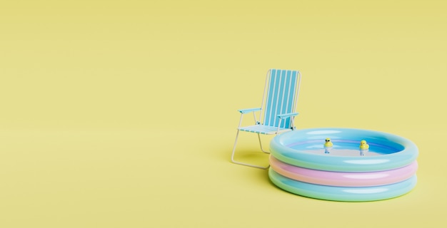 Petite piscine gonflable avec des canards en caoutchouc à l'intérieur et une chaise d'extérieur à côté. scène minimaliste. concept de fond d'été. espace pour le texte. rendu 3D