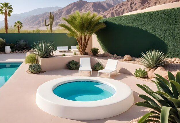 Une petite piscine ronde avec deux fauteuils blancs et des plantes décoratives dans une cour avec une montagne