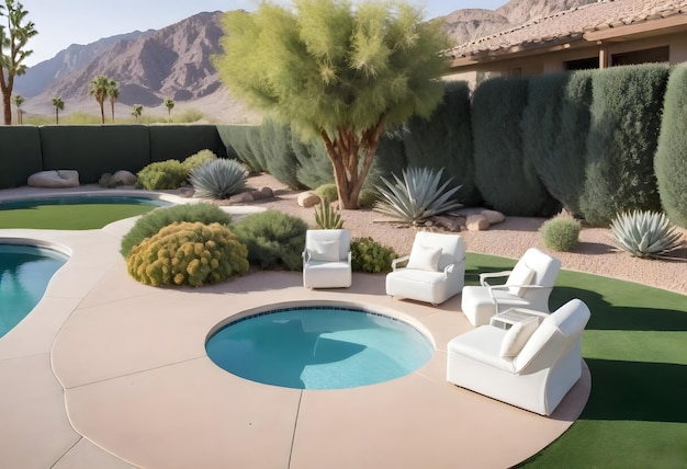 Une petite piscine ronde avec deux fauteuils blancs et des plantes décoratives dans une cour avec une montagne
