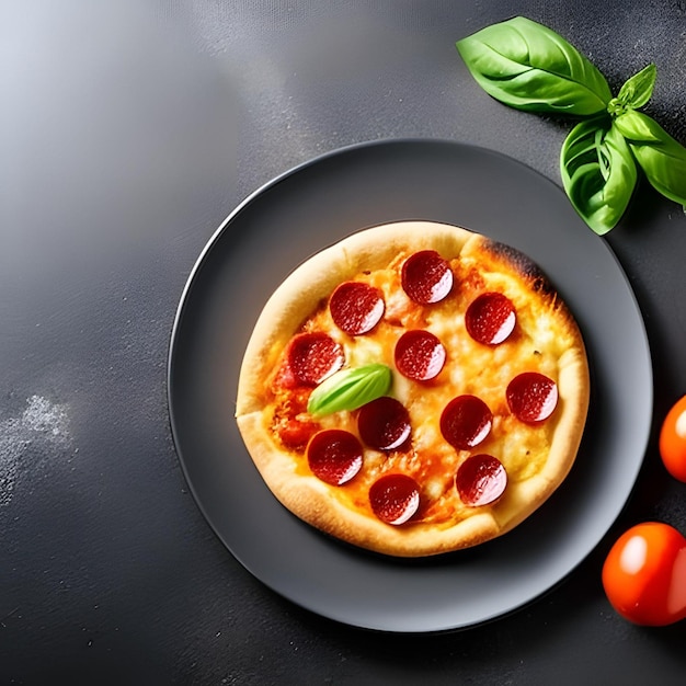 Une petite pizza au pepperoni dessus et au basilic dans la cuisine