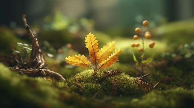 Une petite plante dans une forêt moussue