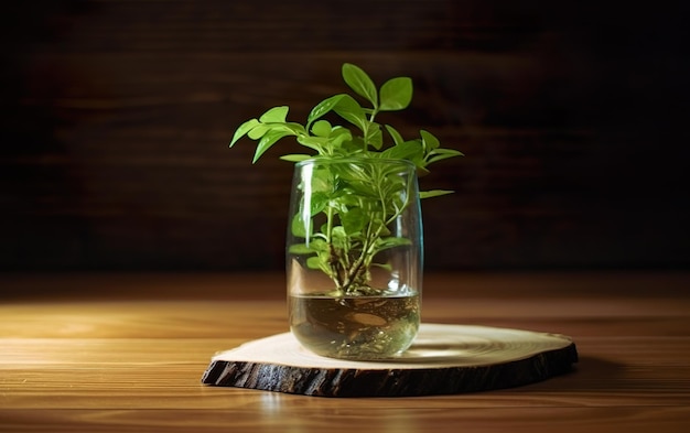 Une petite plante dans un verre avec de l'eau sur une table en bois.