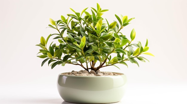 Une petite plante est dans un bol avec des feuilles vertes sur fond blanc