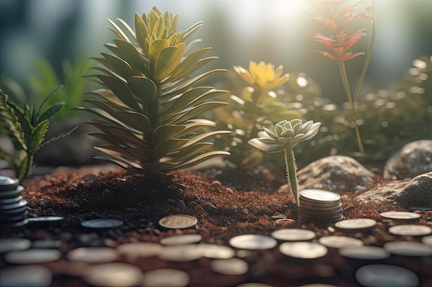 Une petite plante est entourée de pièces de monnaie et de pièces de monnaie.