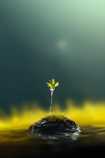 Une petite plante est sur un petit rocher au milieu de l'eau.