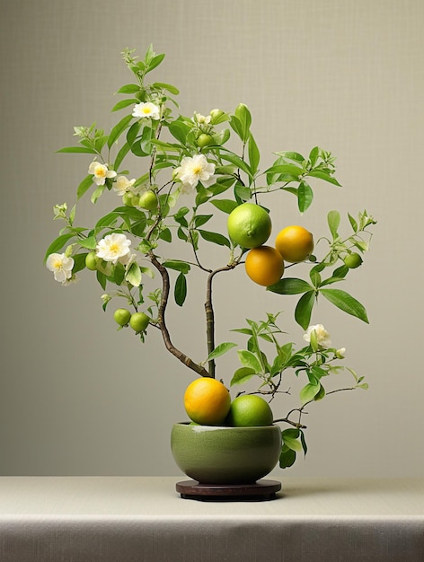 Une petite plante avec des oranges et des fleurs est dans un pot.