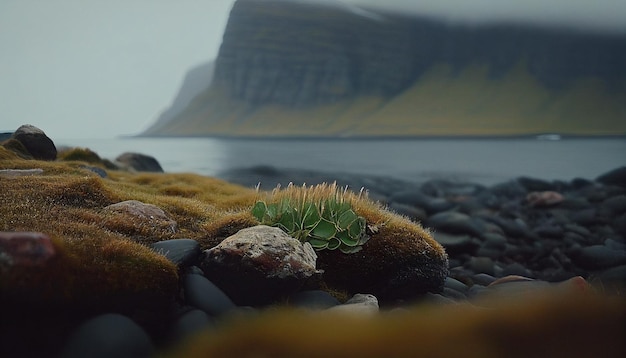 Une petite plante sur une plage rocheuse avec une montagne en arrière-plan.