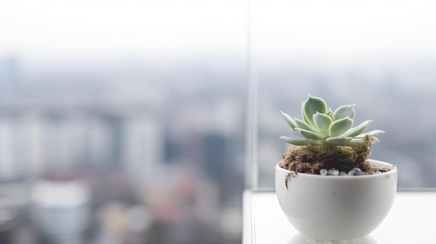 Une petite plante en pot blanche est posée sur une table blanche devant une fenêtre avec un paysage urbain en arrière-plan.