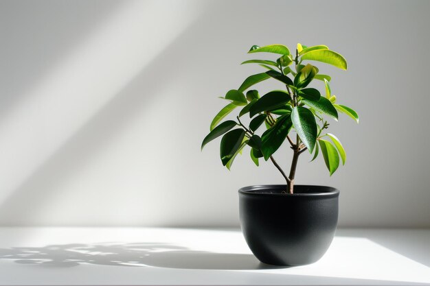 une petite plante en pot posée sur une surface blanche