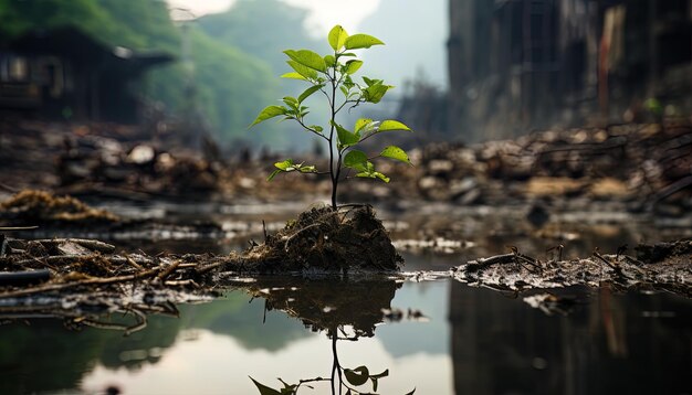 Photo une petite plante pousse dans une flaque de boue.