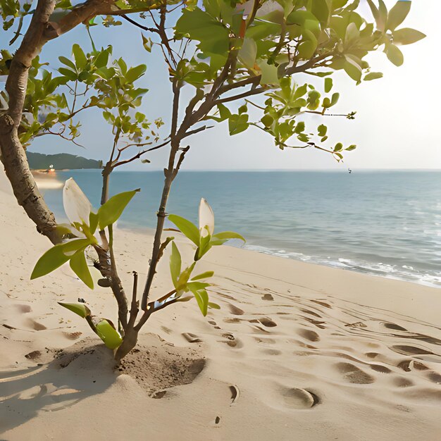 Photo une petite plante pousse dans le sable de la plage.