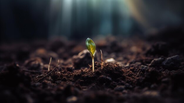 Une petite plante pousse dans le sol.