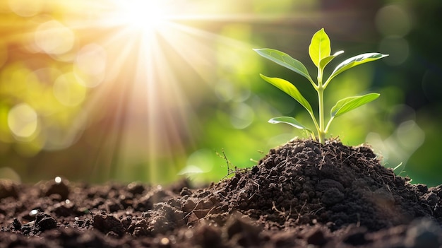 Une petite plante pousse dans la terre.