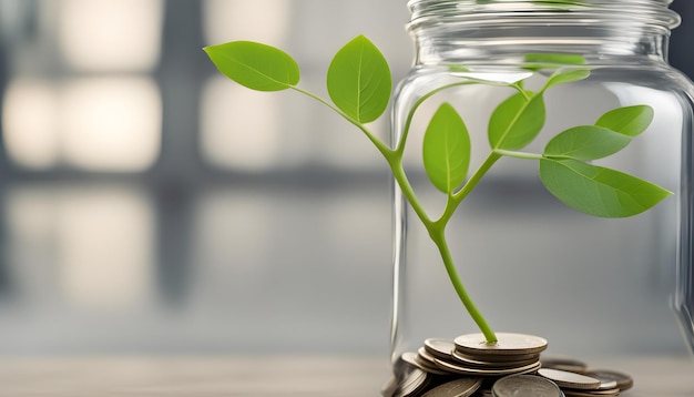 une petite plante qui pousse dans un pot en verre avec une plante qui poussent à l'extérieur