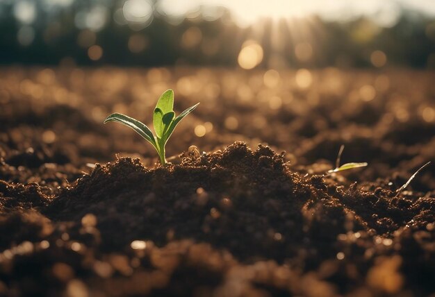 Une petite plante qui pousse dans le sol d'un champ