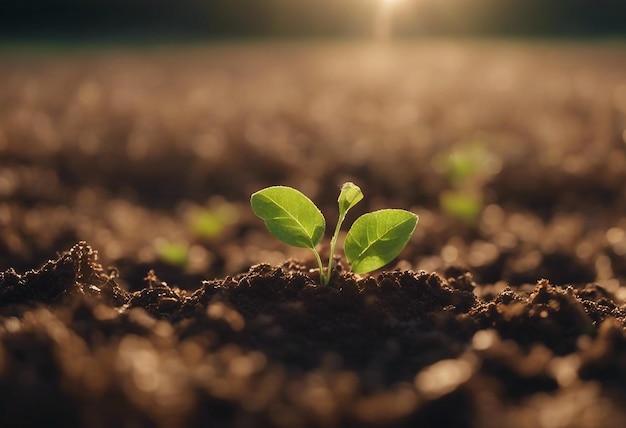 Une petite plante qui pousse dans le sol d'un champ