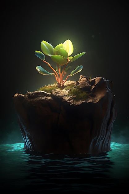 Une petite plante sur un rocher dans le noir