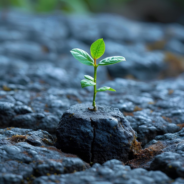 Une petite plante s'épanouissant d'un tas de pierres