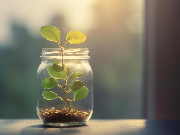 Une petite plante se tient dans un bocal sur le rebord de la fenêtre dans le contexte d'un matin ensoleillé