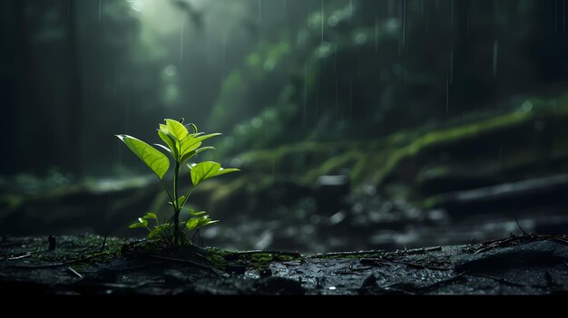 Une petite plante verte fraîche et solitaire, une jungle sombre et pluvieuse en arrière-plan.